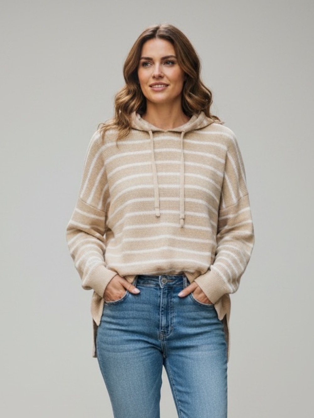 GAP Beige and White Striped Knit Hoodie